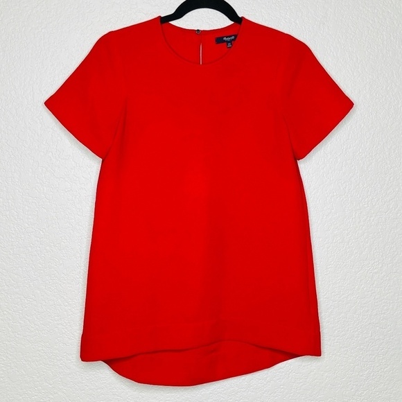 MADEWELL Red Short Sleeve Pleated Keyhole Back High Low Shirt Top Size XS - Picture 1 of 5
